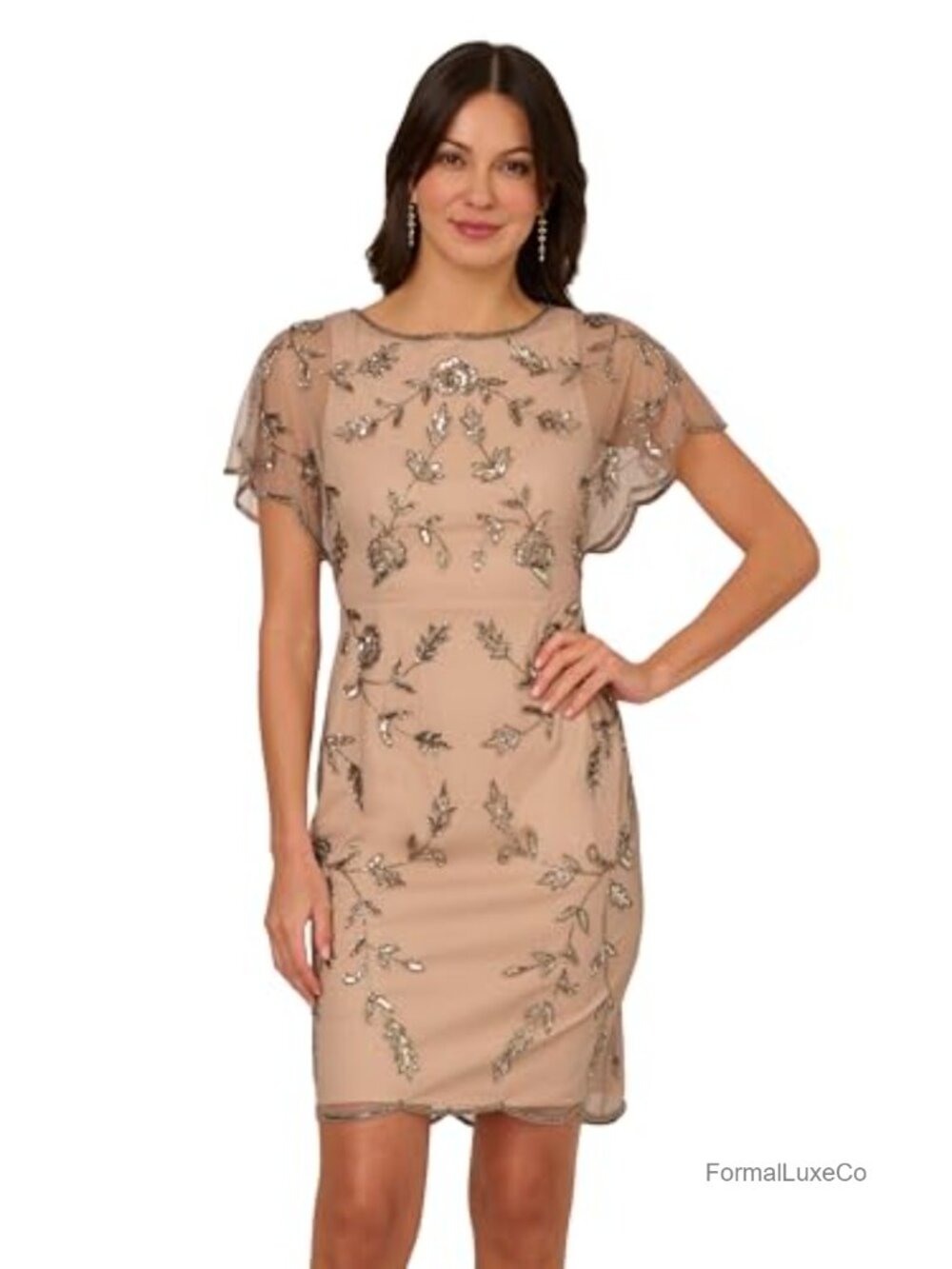 Beaded Sheath Dress Flutter Sleeve Cocktail Evening Formal Midi Length
